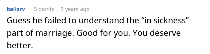 Comment about a man abandoning his husband during hard times, highlighting a harsh reality check about marriage vows. Comment about a man abandoning his husband during hard times, highlighting a harsh reality check about marriage vows.