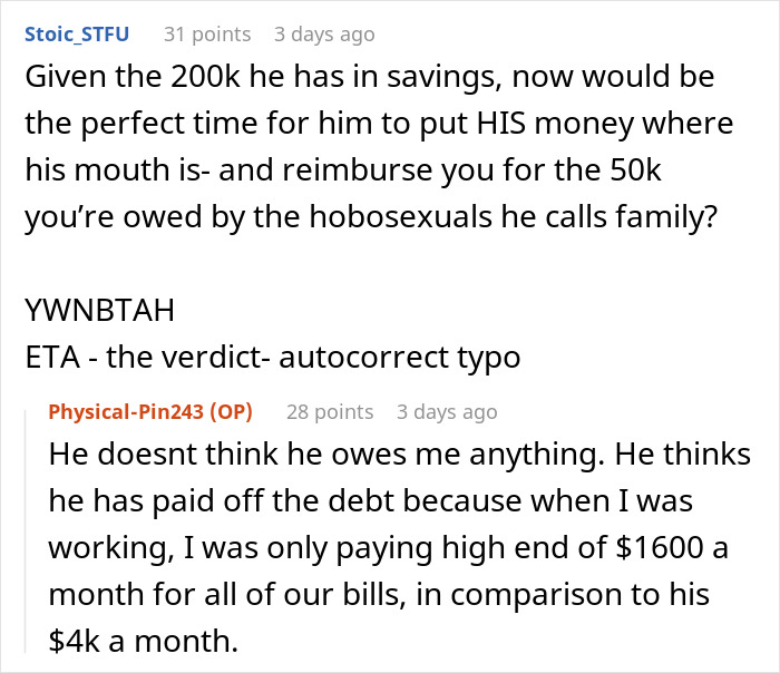 Reddit comments discussing a woman standing up to husband’s entitled family about not having a job and financial debts. Reddit comments discussing a woman standing up to husband’s entitled family about not having a job and financial debts.