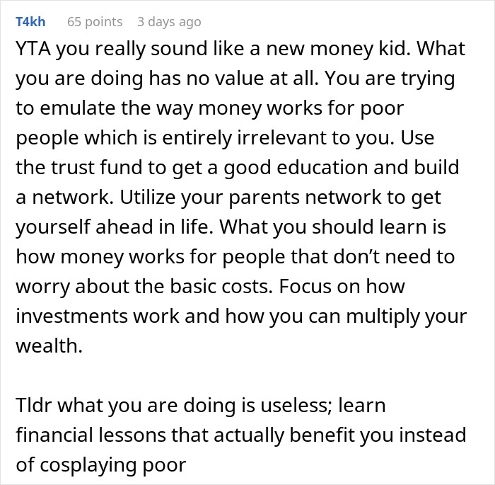 Comment discussing a woman who grew up wealthy failing to read the room and losing friends over privilege and financial misunderstandings.