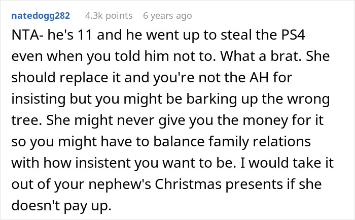 Screenshot of a Reddit comment discussing an 11-year-old breaking a PS4 and the refusal to replace it by the mom.