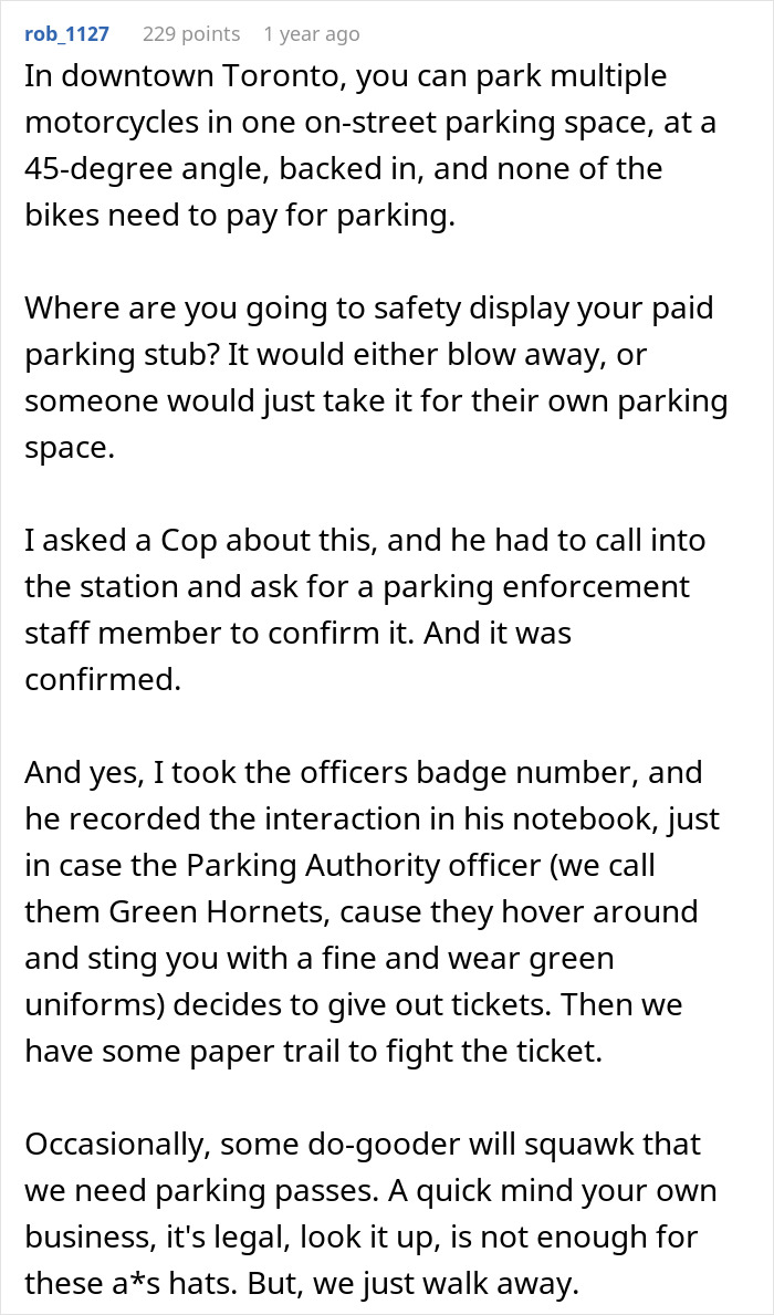 Woman using her wit and seven motorcycles to cleverly teach neighbor a lesson about fair parking in a city setting