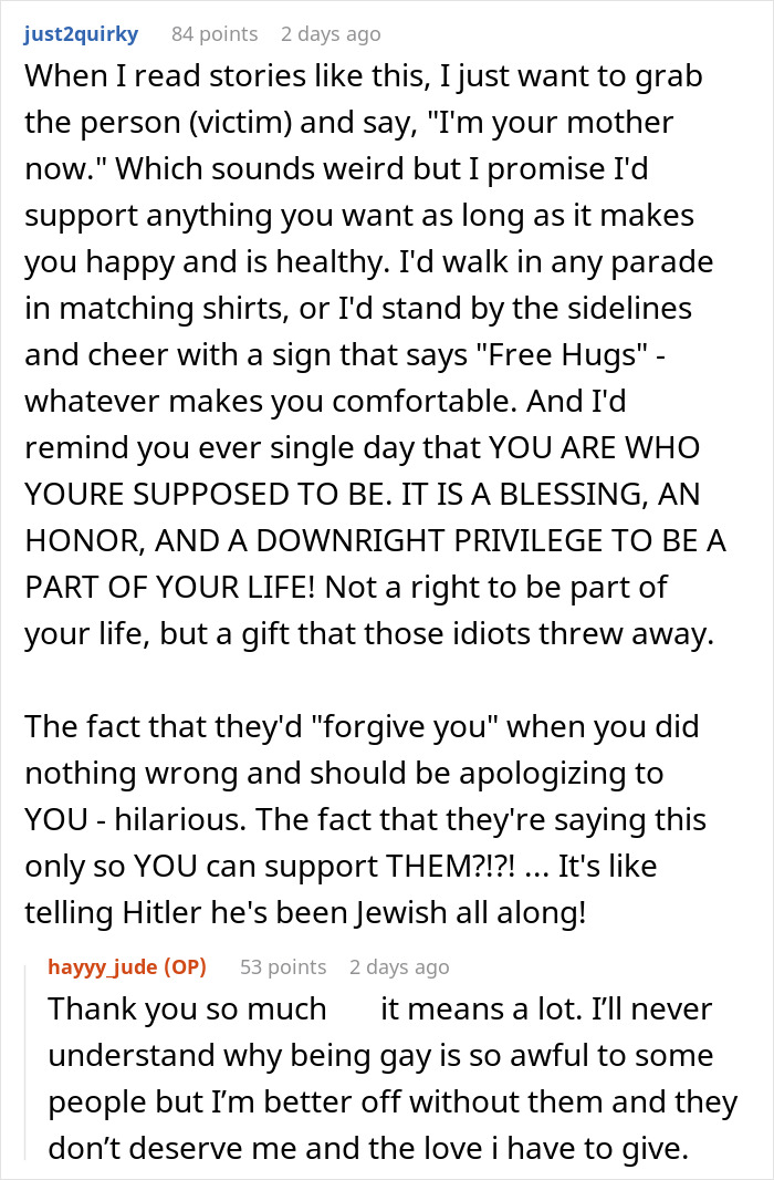 Commenter expresses support for a gay man rejected by parents unwilling to consider funding their retirement.