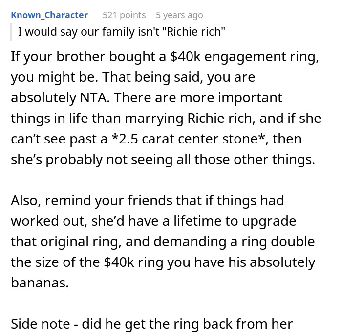 Reddit post where a sister says a $40K ring complaint is a red flag, prompting a call off of the proposal.