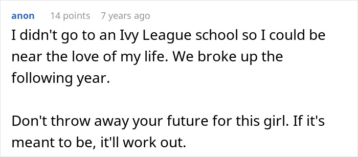 Screenshot of an online comment warning against risking your future over teenage love and emphasizing long-term goals.