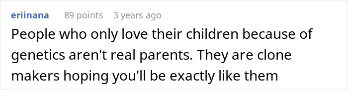 Screenshot of a social media comment discussing genetics and parenting in a conversation about DNA lab mix-ups and paternity results.