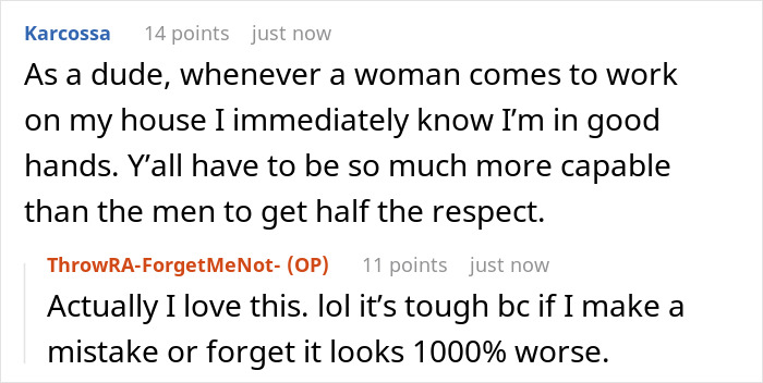 Comment about a lazy guy trying to steal coworker&rsquo;s ladder and her clever tool revenge in a work discussion.