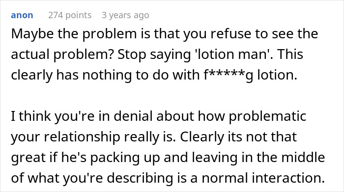 Comment discussing denial in a problematic relationship revealing a cheating jerk, sparked by a woman's innocent goofy joke.