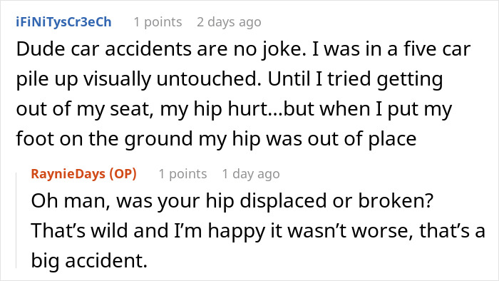 Alt text: Person warns about serious injuries after car accidents, sharing experience of hip pain from a multi-car pileup.