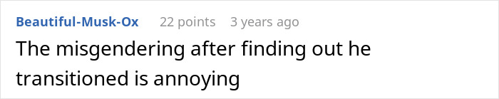 Screenshot of a Reddit comment discussing misgendering after discovering a teenage ex now lives as a man in the US.