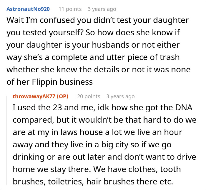 Reddit conversation about MIL secretly DNA testing grandkid and causing family conflict over paternity doubts.