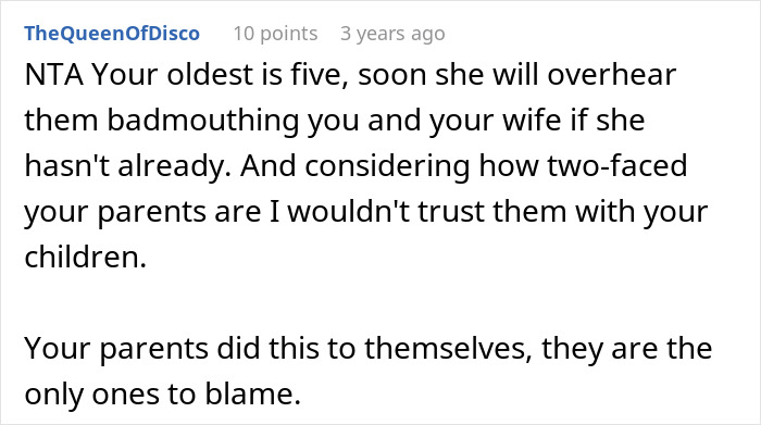 Reddit comment discussing a dad stopping letting his parents babysit after overhearing their true thoughts.