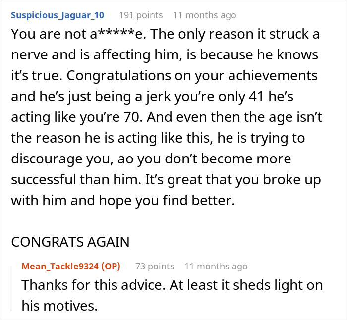 Screenshot of a forum discussion about a man dismissing his girlfriend&rsquo;s major career milestone and accusing her of success.