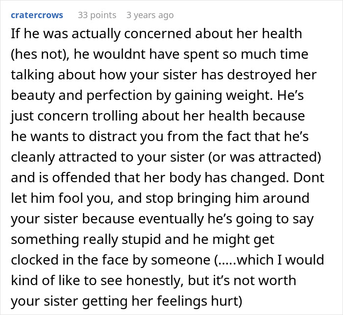 Comment discussing a husband&rsquo;s obsession with woman&rsquo;s sister&rsquo;s weight and revealing the reasons through uncovered texts.