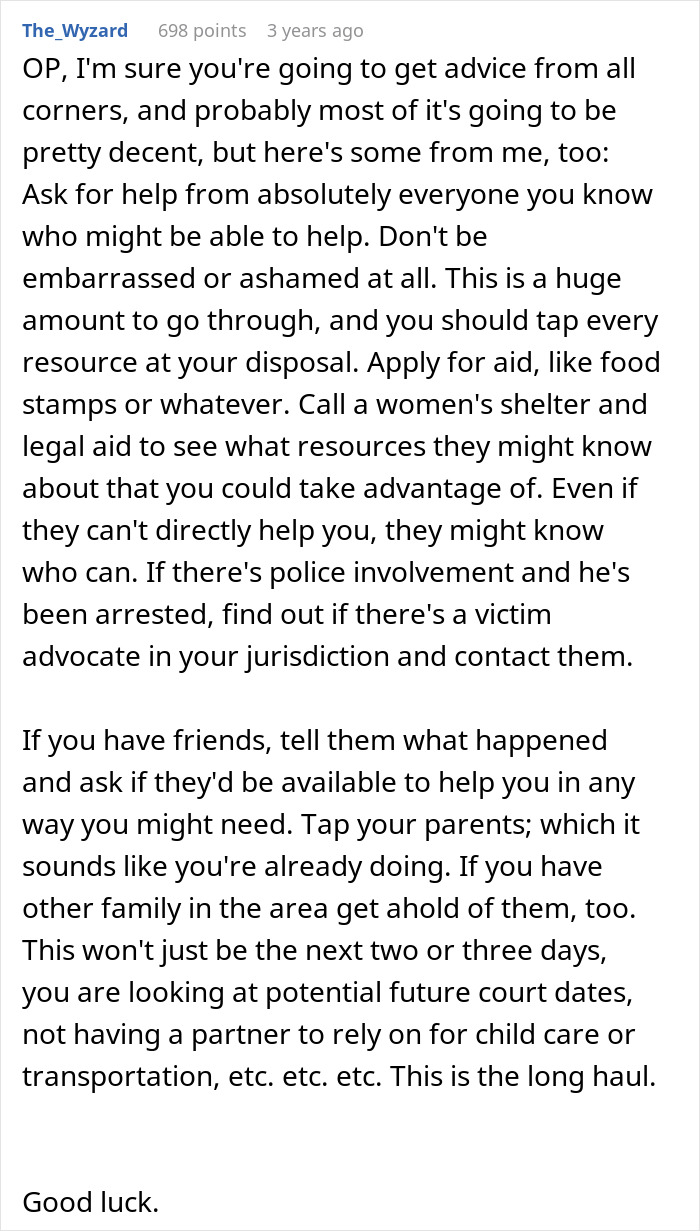 Reddit comment offering advice on seeking help and resources during a family crisis with a baby screaming and son panicking.