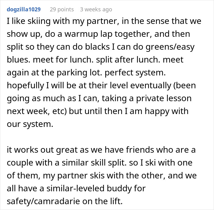Comment discussing men abandoning their partners during outdoor activities, sharing a skiing routine for balance and safety.