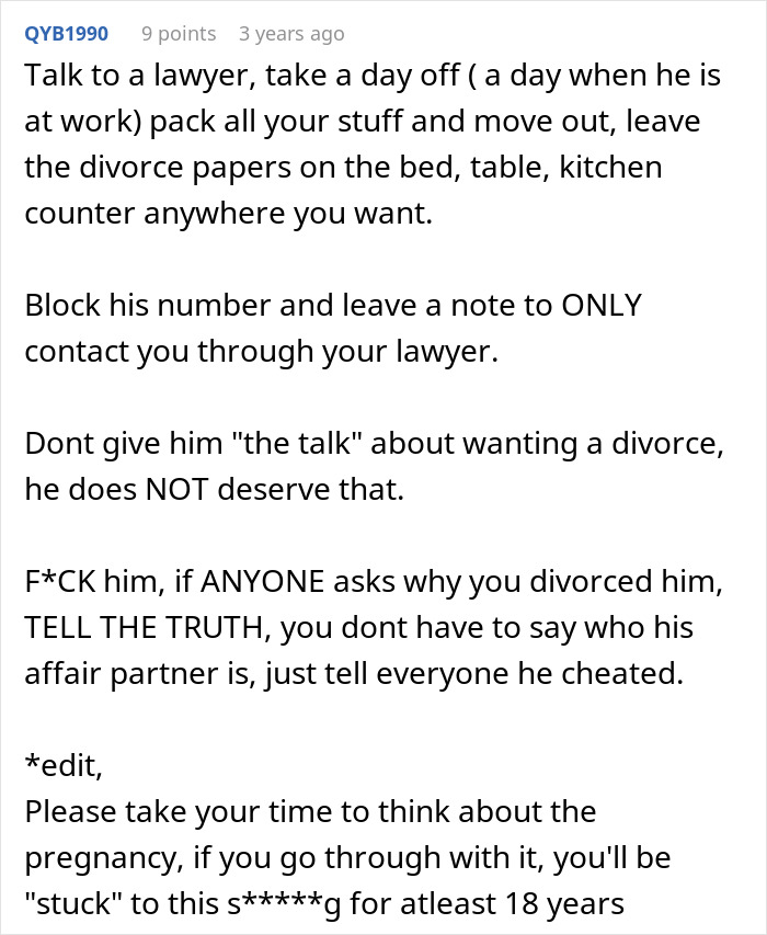 Comment advising woman on how to handle husband&rsquo;s affair and divorce after uncovering betrayal in her life.