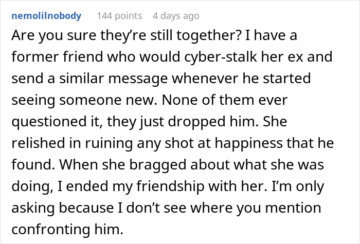 Screenshot of a Reddit comment discussing relationship issues and receiving a text from a boyfriend&rsquo;s wife.