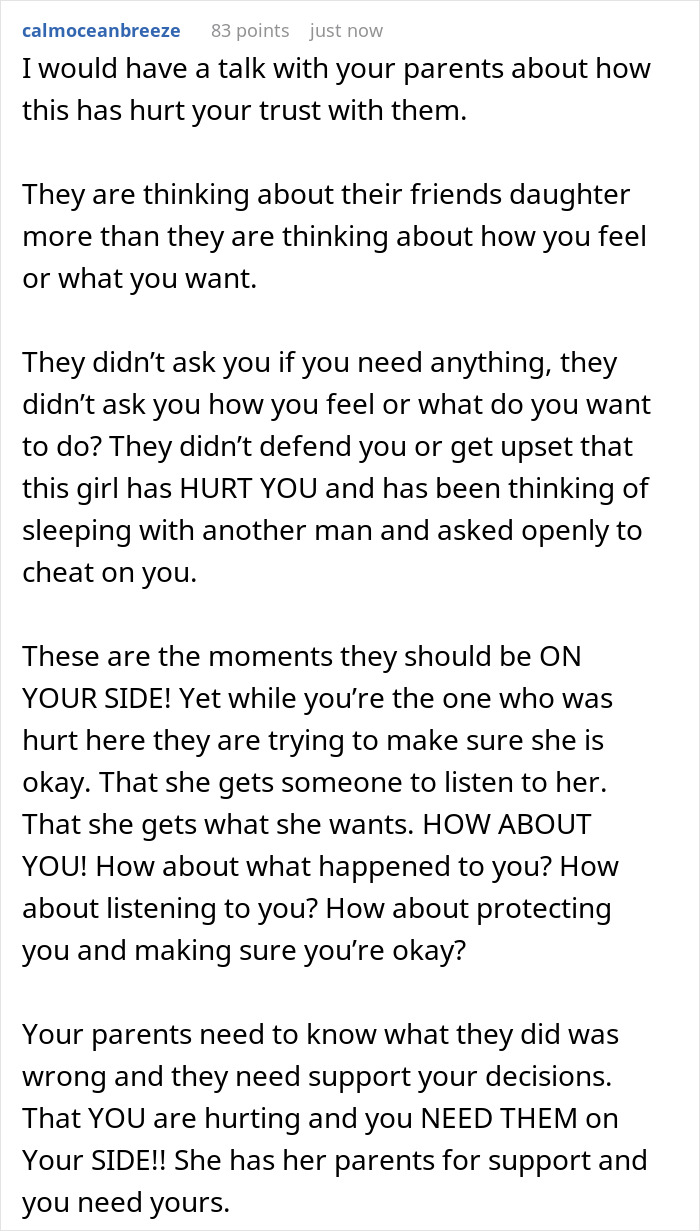 Comment advising to confront parents who turned against guy after he dumped girlfriend over open relationship request, seeking support.