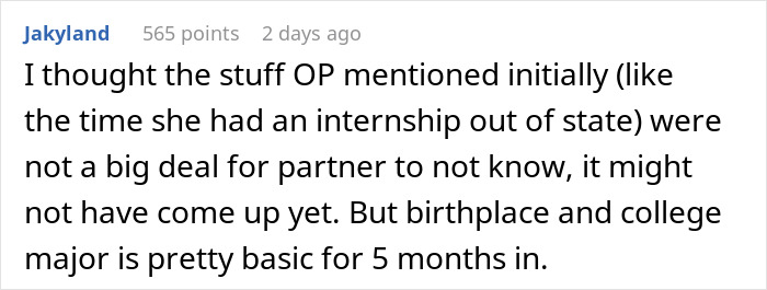 Screenshot of a Reddit comment discussing relationship details about favorite foods and not knowing a partner&rsquo;s cat.