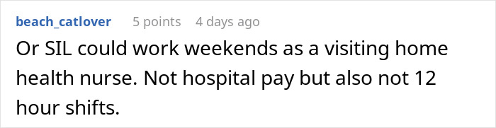 Comment discussing family being greedy and entitled, expecting grandma to support financially for wife to stay at home.