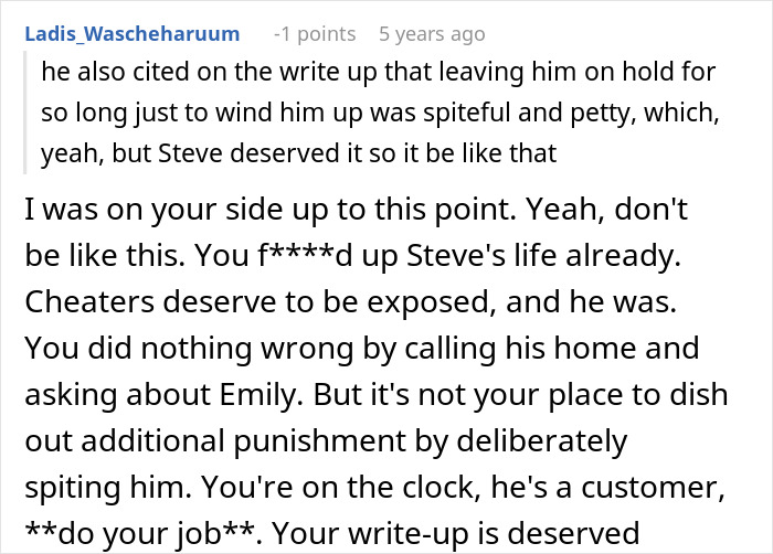 Comment discussing employee exposing a customer's infidelity causing chaos, highlighting mistakes and consequences. Comment discussing employee exposing a customer's infidelity causing chaos, highlighting mistakes and consequences.