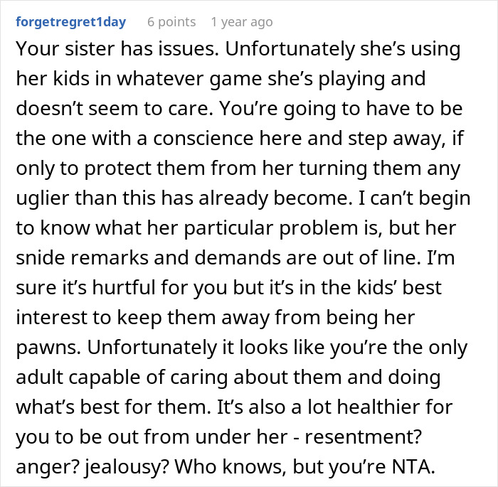 Reddit comment about a man cutting contact with family due to niblings being brainwashed to hate him.