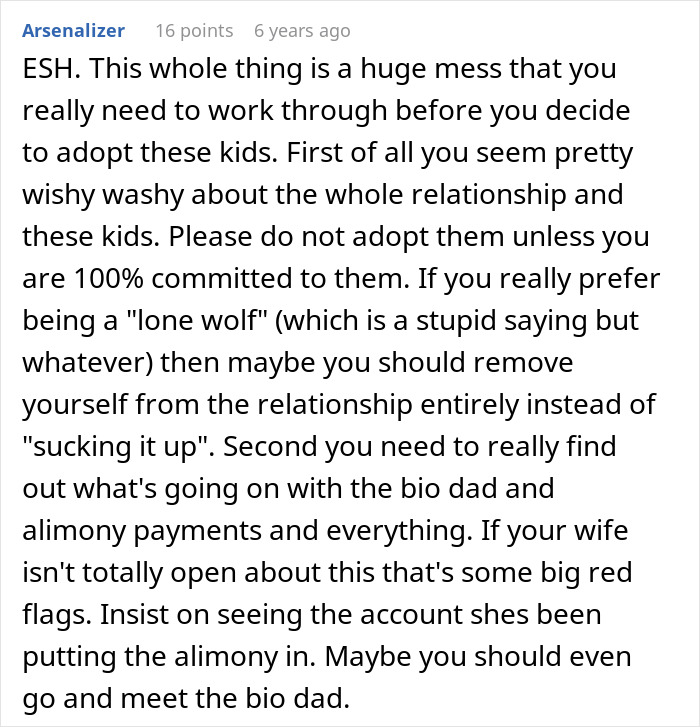 Commenter advising caution before adopting wife&rsquo;s kids due to hidden info about their biological father and relationship concerns.