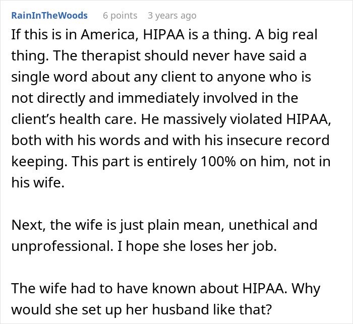 Comment discussing therapist breaching confidentiality and unethical behavior of boss's wife in workplace scenario.