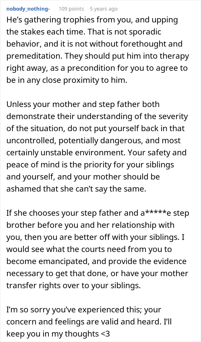 Text post discussing concerns about creepy teen cutting step-sister&rsquo;s hair and the parents&rsquo; indifferent response.