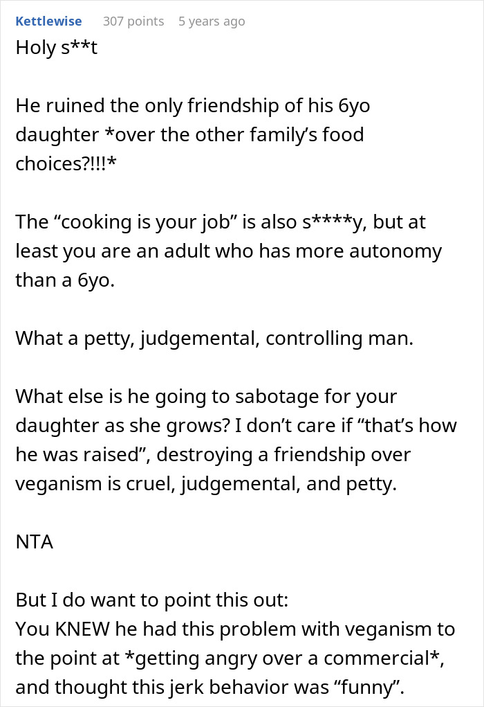 Screenshot of an online comment criticizing a vegan-hating husband for ruining his daughter&rsquo;s only friendship over food choices.