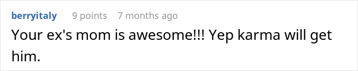 Comment on a screen showing woman congratulating boyfriend and pregnant mistress in front of coworkers with karma remark.