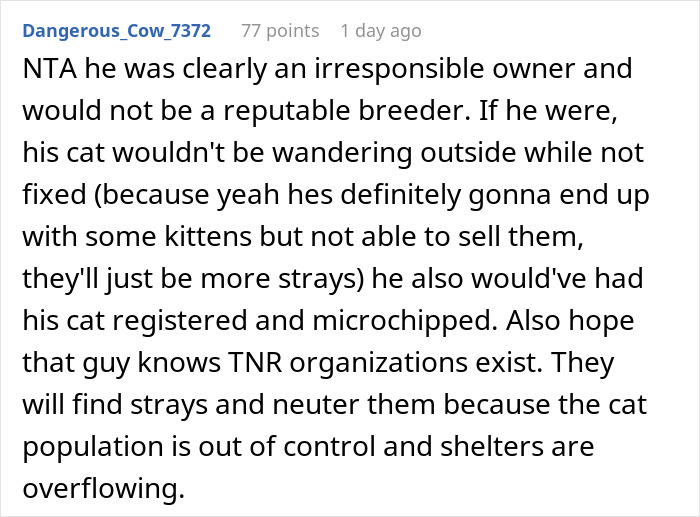 Comment discussing irresponsible ownership of a neighbor cat and advocating neutering for stray population control.