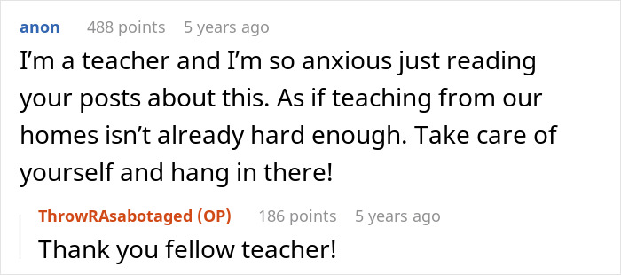 Screenshot of an online discussion about a teacher's anxiety during remote teaching amid Zoom class challenges.