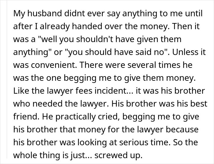 Text excerpt about a woman confronting her husband's entitled family over financial demands after she is criticized for not having a job. Text excerpt about a woman confronting her husband's entitled family over financial demands after she is criticized for not having a job.