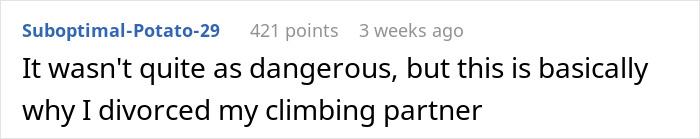 Text post from a user explaining the reason for divorcing their climbing partner relating to men abandoning partners during outdoor activities.