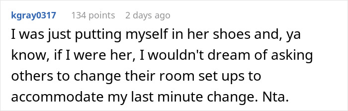 Screenshot of a forum comment discussing a woman furious her friends don&rsquo;t want to share a room after she joins vacation suddenly.