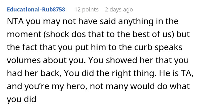 Screenshot of a Reddit comment praising someone for ending a 3-year relationship with one comment to girlfriend&rsquo;s teen sister.