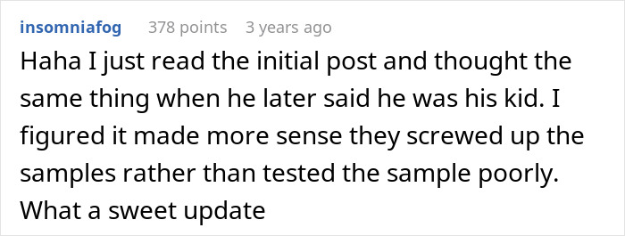 Screenshot of a Reddit comment discussing a DNA lab mix-up leading to a man disowning the wrong son.