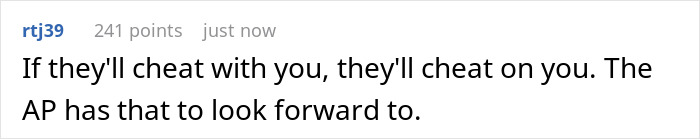 Comment on a forum stating if someone cheats with you, they&rsquo;ll cheat on you, related to wife weirded out as hubby wants to father his ex's child.