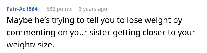 Comment from user Fair-Ad1964 discussing husband&rsquo;s obsession with sister&rsquo;s weight and implications on wife&rsquo;s weight or size.