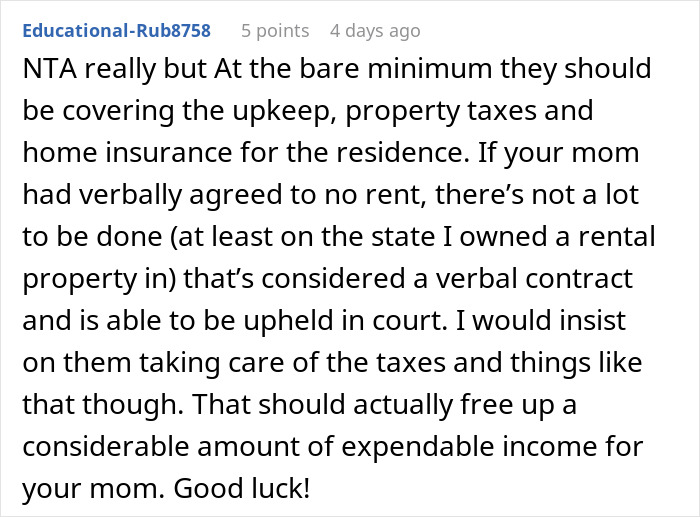 Comment explaining that family expects grandma to support them financially so wife can be a stay-at-home mom, discussing upkeep and taxes.