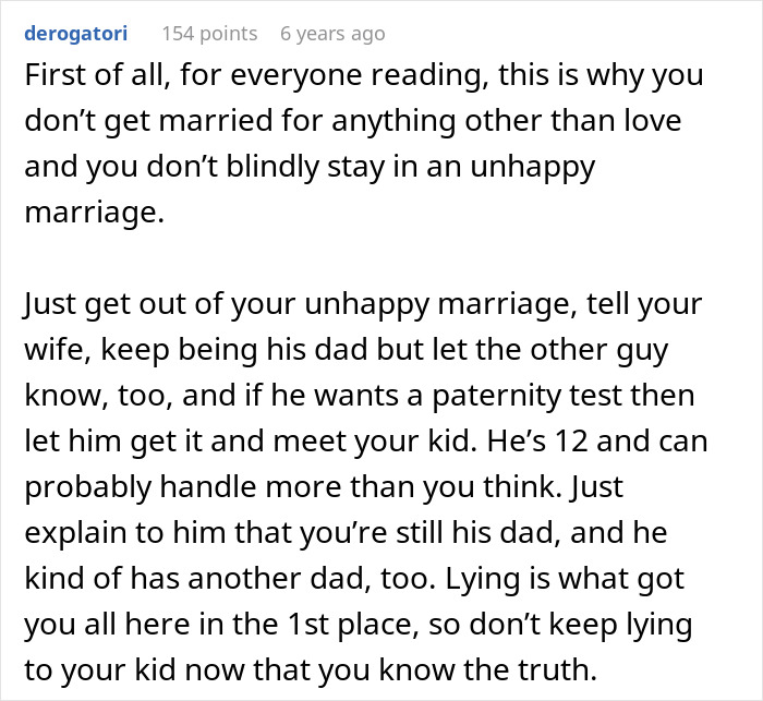 Comment advising a dad doubting paternity of his 12-year-old son to be honest and consider a paternity test after meeting an old friend.