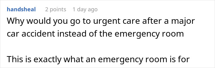 Comment warning about the importance of emergency care after a major car accident to avoid serious health risks.