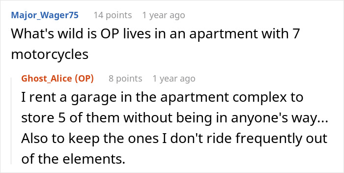 Comments from a discussion about a woman using her wit and all 7 motorcycles to teach a neighbor a parking lesson.