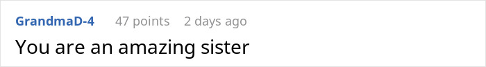 Screenshot of a Reddit comment saying you are an amazing sister in a casual text format.