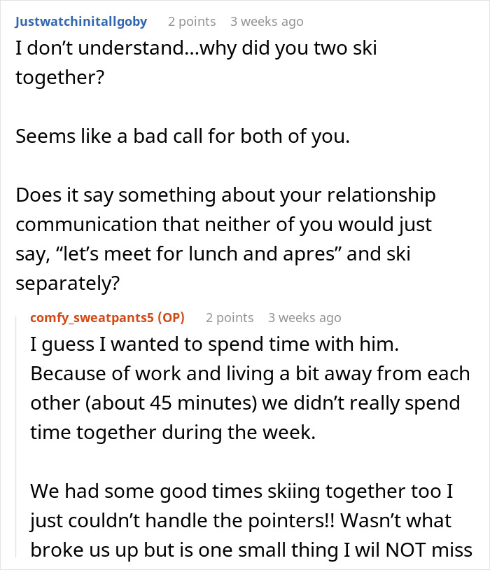 Reddit conversation about men abandoning their partners during outdoor activities like skiing and its impact on relationships.