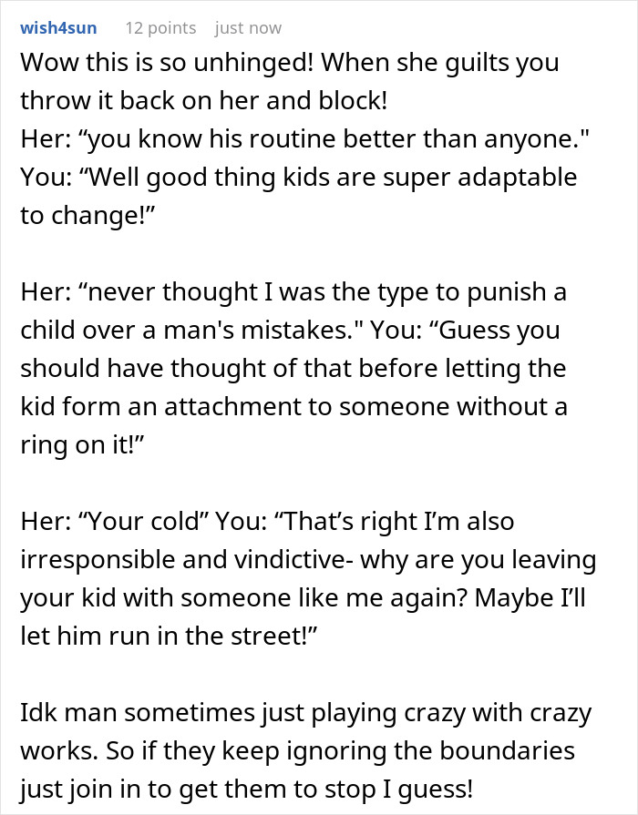 Text conversation discussing harassment and boundary issues after a woman&rsquo;s breakup and watching her ex&rsquo;s nephew.