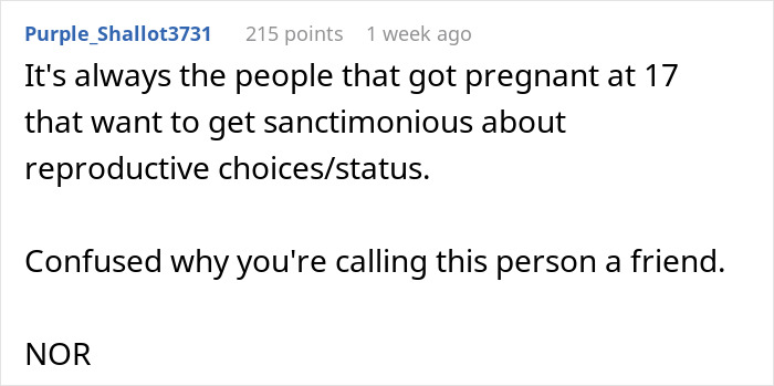 Comment about teenage pregnancy and reproductive choices shared in an online discussion about best friend fight mom.