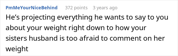 Screenshot of a Reddit comment discussing a husband's obsession with his wife&rsquo;s sister&rsquo;s weight and related text messages.