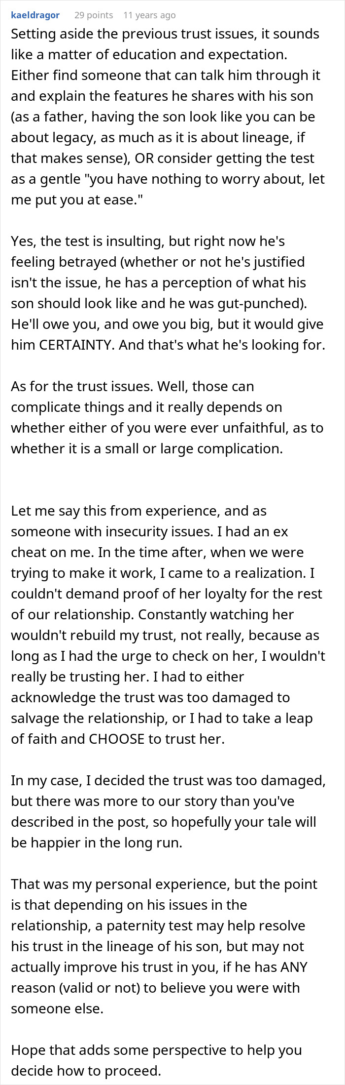 Comment discussing the impact of a secret paternity test on trust and relationship issues between husband and wife.